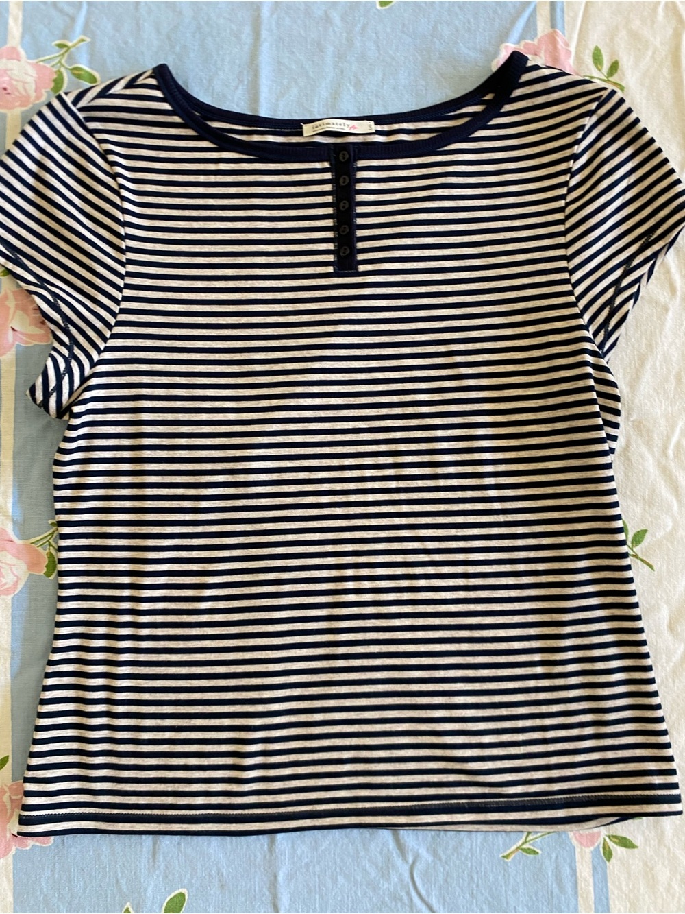 Free People Navy and White Striped Short Sleeve Henley Tee